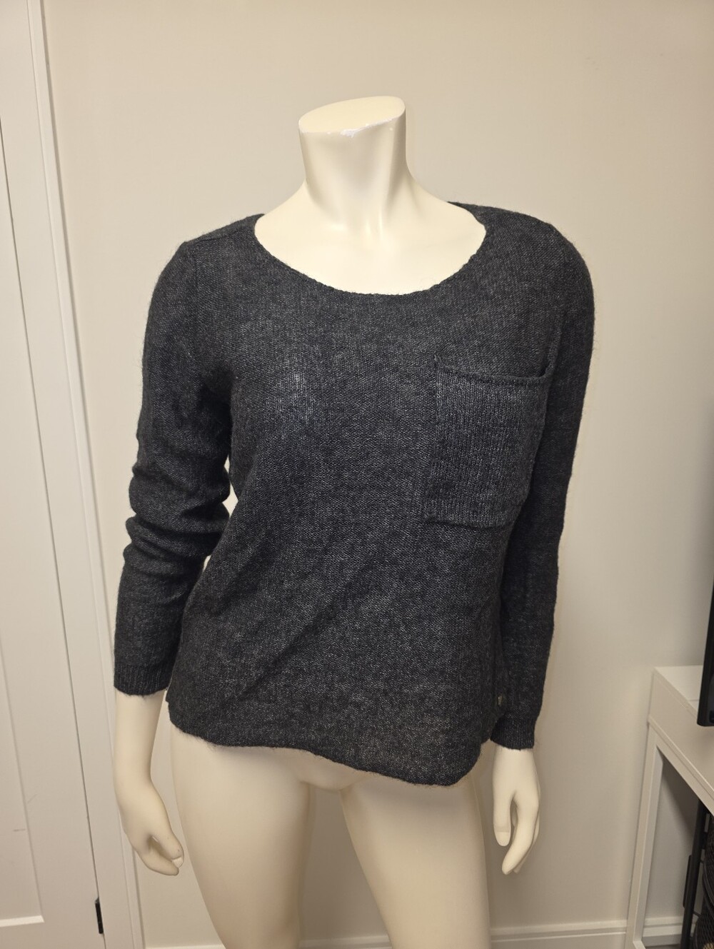 Garcia Jeans Charcoal Boxy Scoop Neck Pocket Sweater Wool Alpaca Mohair Blend